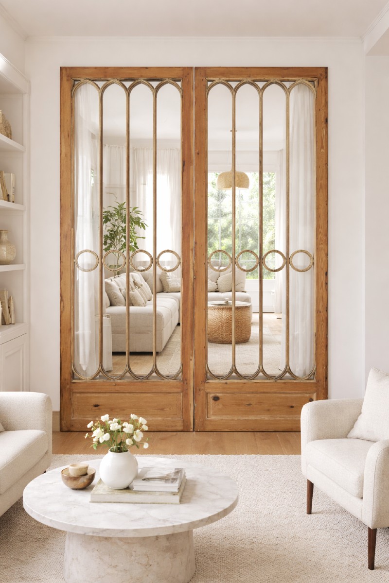 Antique Double Glazed Door "with Circles" Partition, Bay Window, Woodwork