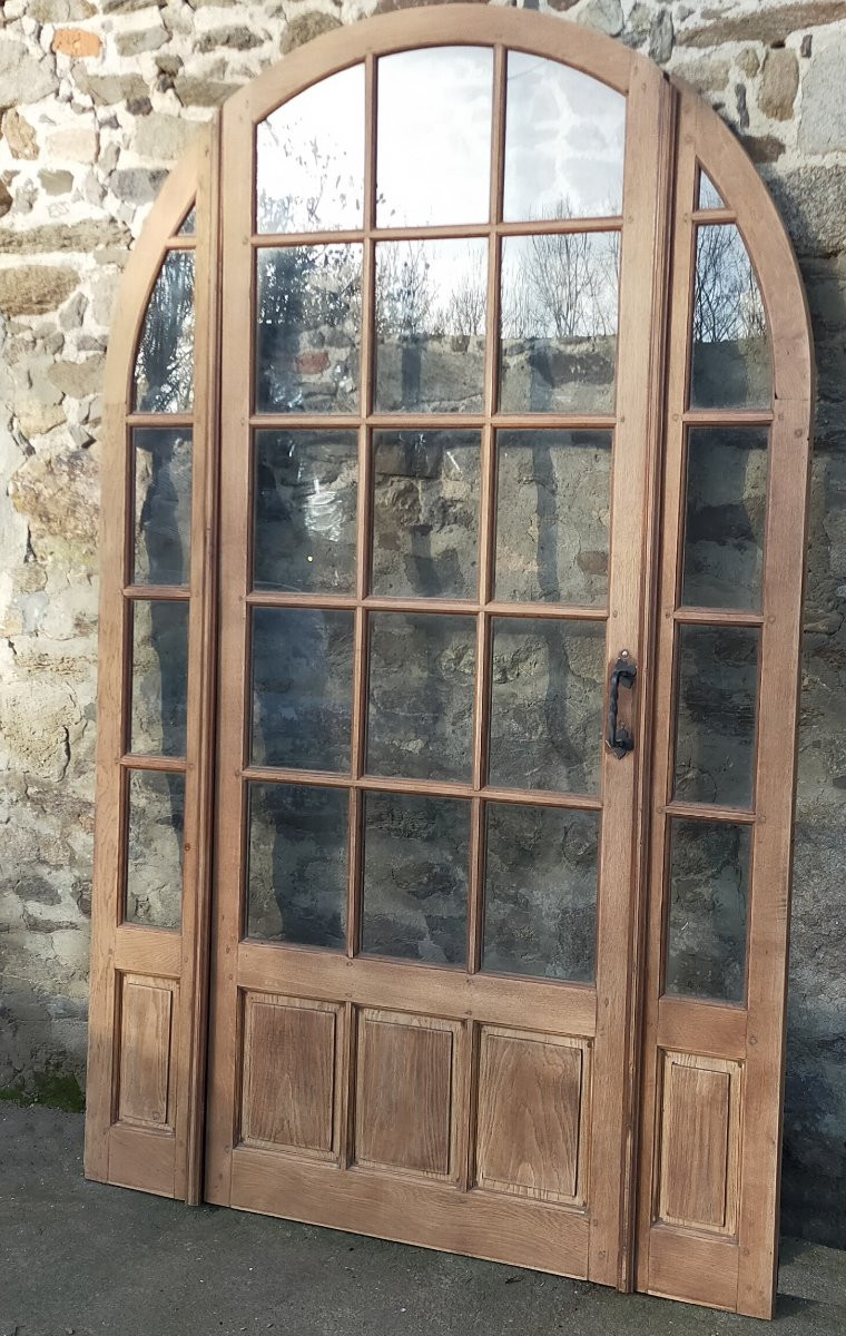 Porte vitrée ancienne cintrée avec son cadre en triptyque façon orangerie baie cloison -photo-3