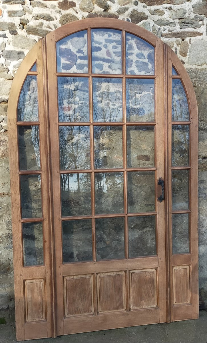 Porte vitrée ancienne cintrée avec son cadre en triptyque façon orangerie baie cloison -photo-4