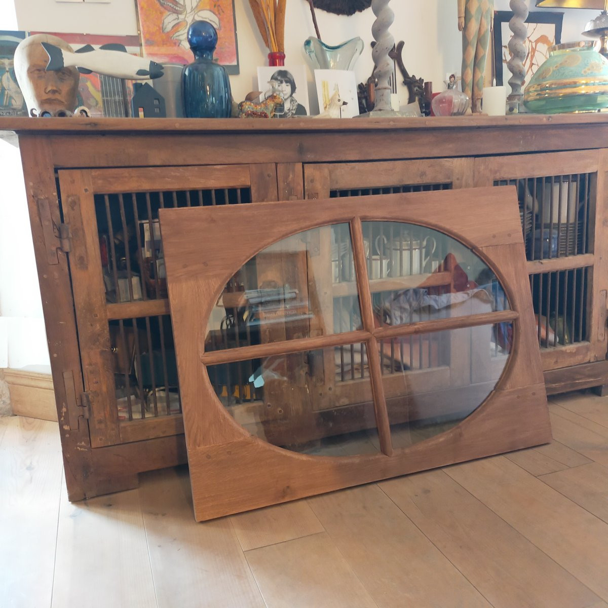 Two Large Oak Bullseye Windows In Very Good Condition, Transom Window-photo-2