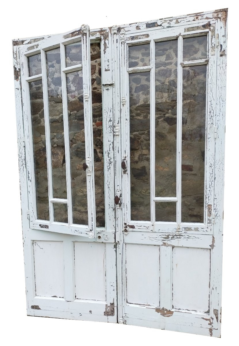 Double porte vitrée ancienne en chêne 6 carreaux-photo-4