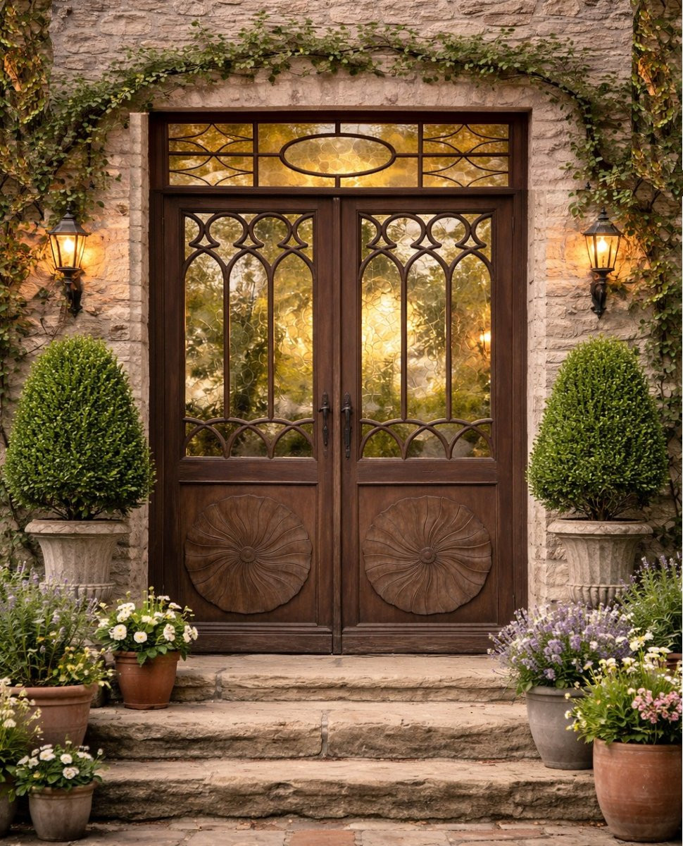 Doubles portes et Imposte vitrées en chêne portes anciennes gothique-photo-2