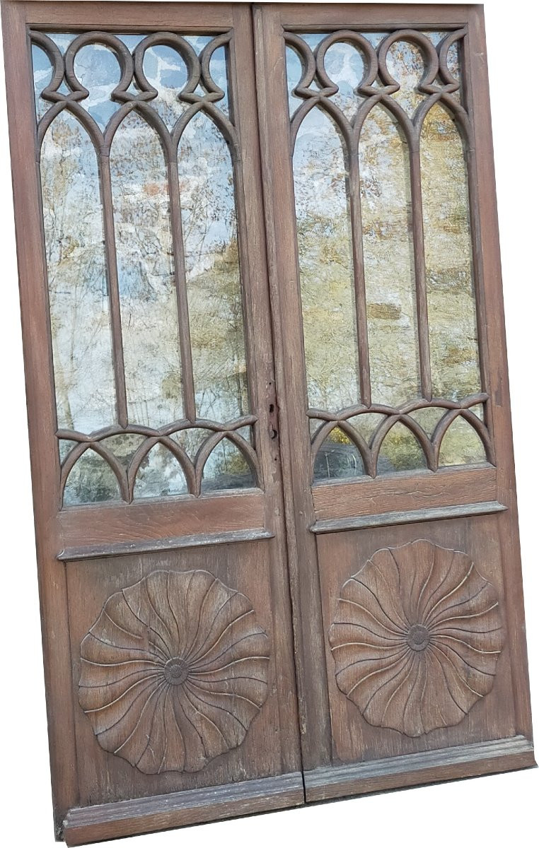Doubles portes et Imposte vitrées en chêne portes anciennes gothique-photo-3