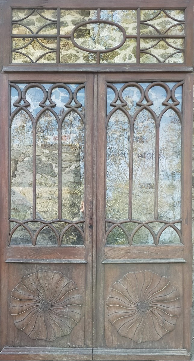 Doubles portes et Imposte vitrées en chêne portes anciennes gothique