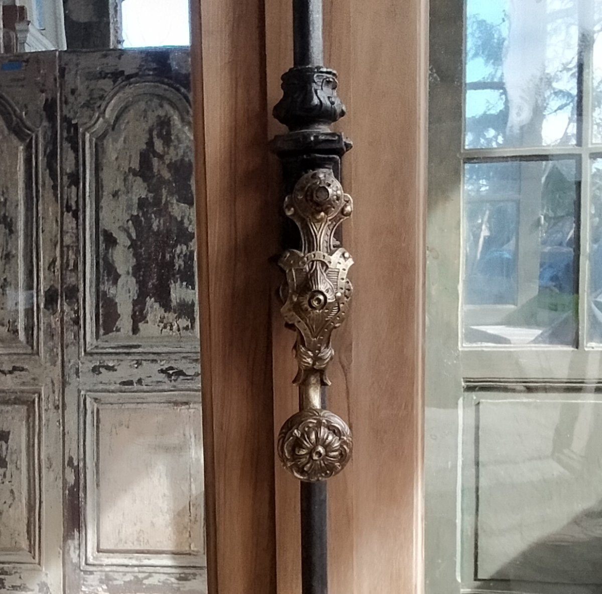 Anciennes Fenêtres Cintrées XIXème Superbe Crémone Espagnolette Porte Bibliothèque Vitrine-photo-2