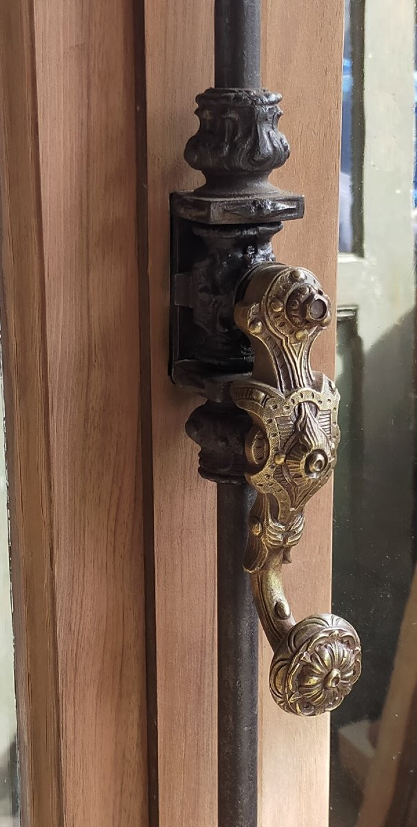 Anciennes Fenêtres Cintrées XIXème Superbe Crémone Espagnolette Porte Bibliothèque Vitrine-photo-3