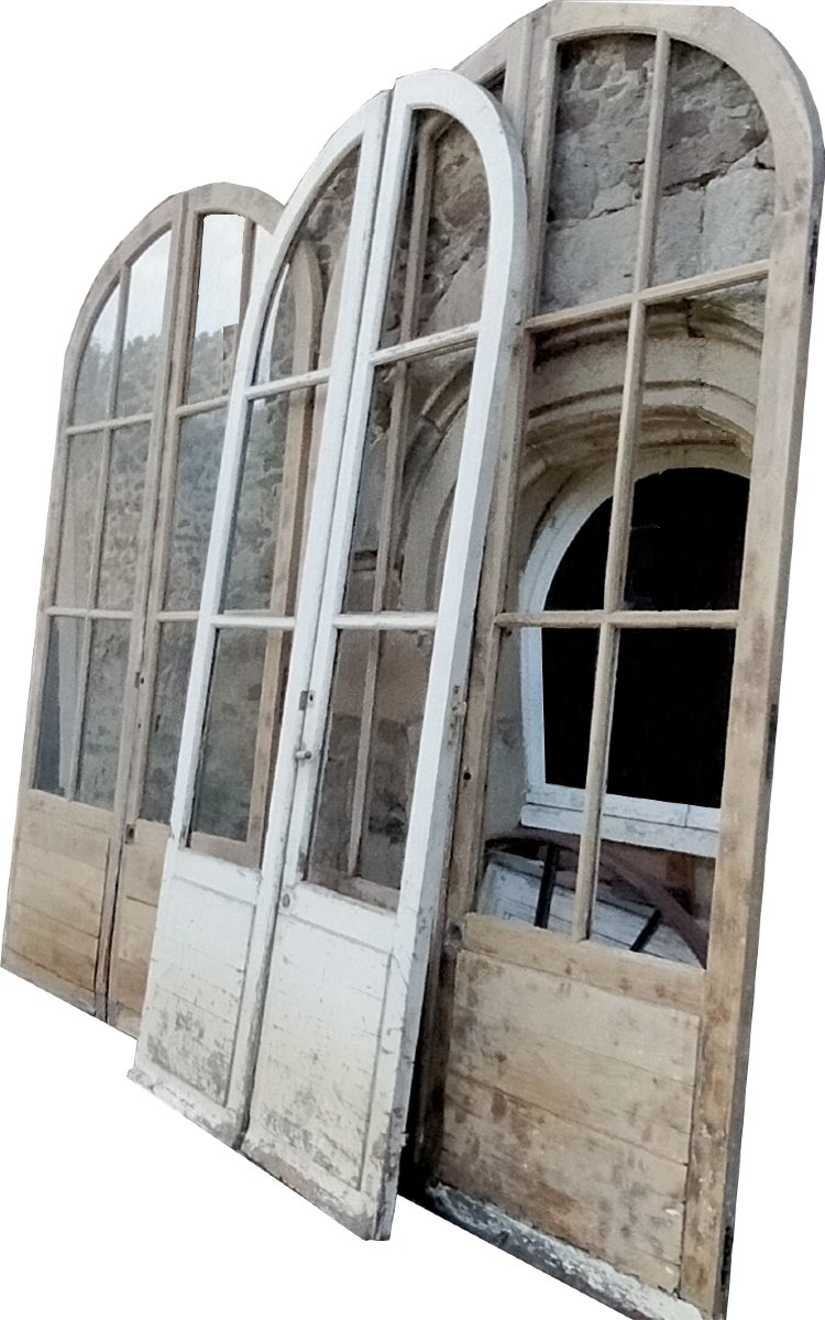 Three Large (328 Cm) And Wide (202 Cm) Antique Oak Orangery French Doors -photo-2