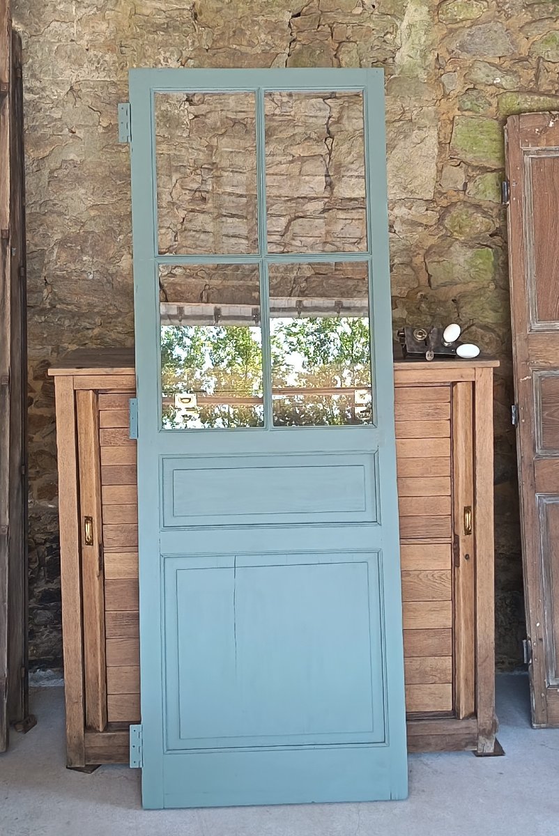 porte ancienne vitrée à 4 carreaux, serrure et clé-photo-4