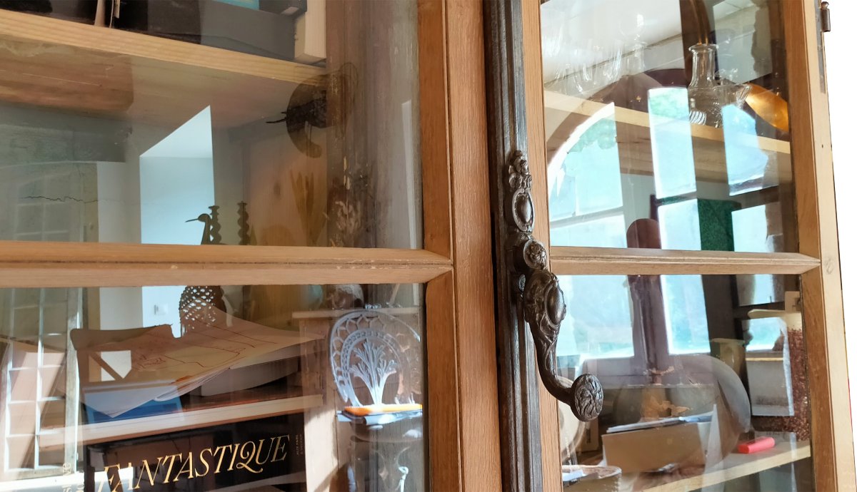Large Antique 19th-century Castle Window With Handle For Display Case, Bookcase, Or Cabinet Door