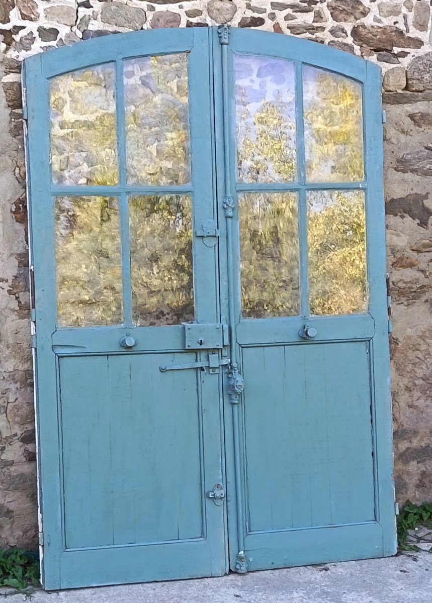 Double porte ancienne vitrée cintrée en chêne-photo-2