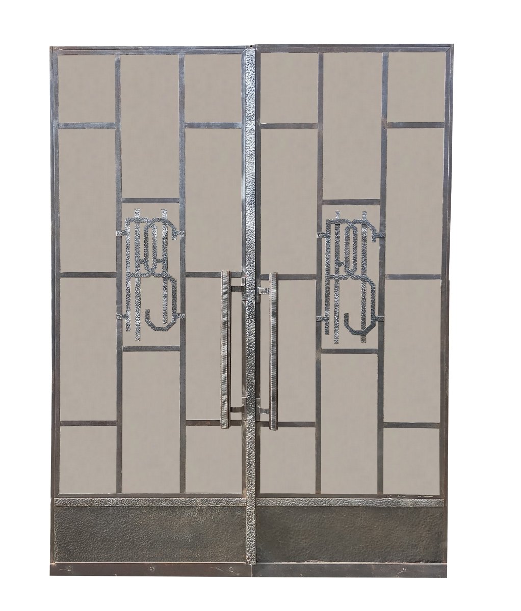 Deux Baies Vitrées Cintrées  Art Deco  Fer Forgé Martelé Et Ciselé Portes Anciennes-photo-2