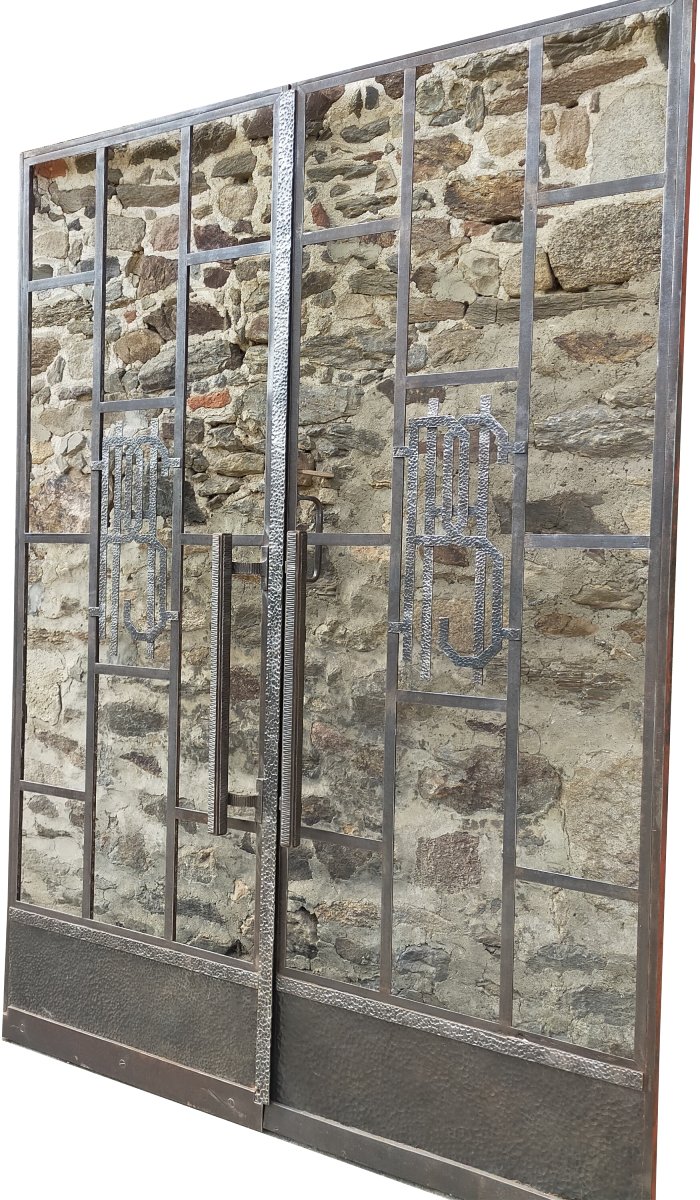 Deux Baies Vitrées Cintrées  Art Deco  Fer Forgé Martelé Et Ciselé Portes Anciennes-photo-2
