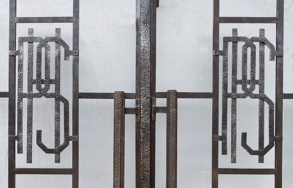 Deux Baies Vitrées Cintrées  Art Deco  Fer Forgé Martelé Et Ciselé Portes Anciennes-photo-3