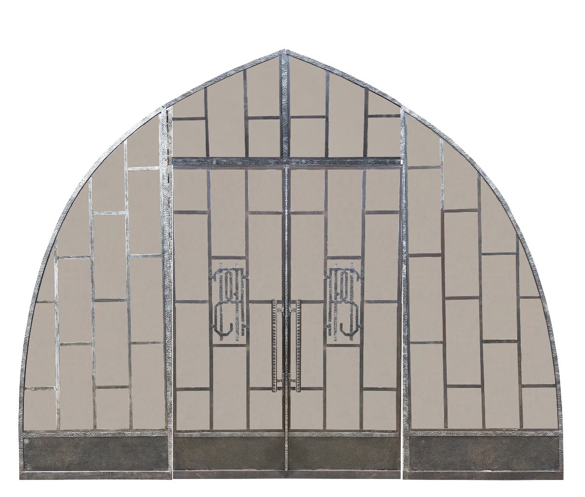 Deux Baies Vitrées Cintrées  Art Deco  Fer Forgé Martelé Et Ciselé Portes Anciennes