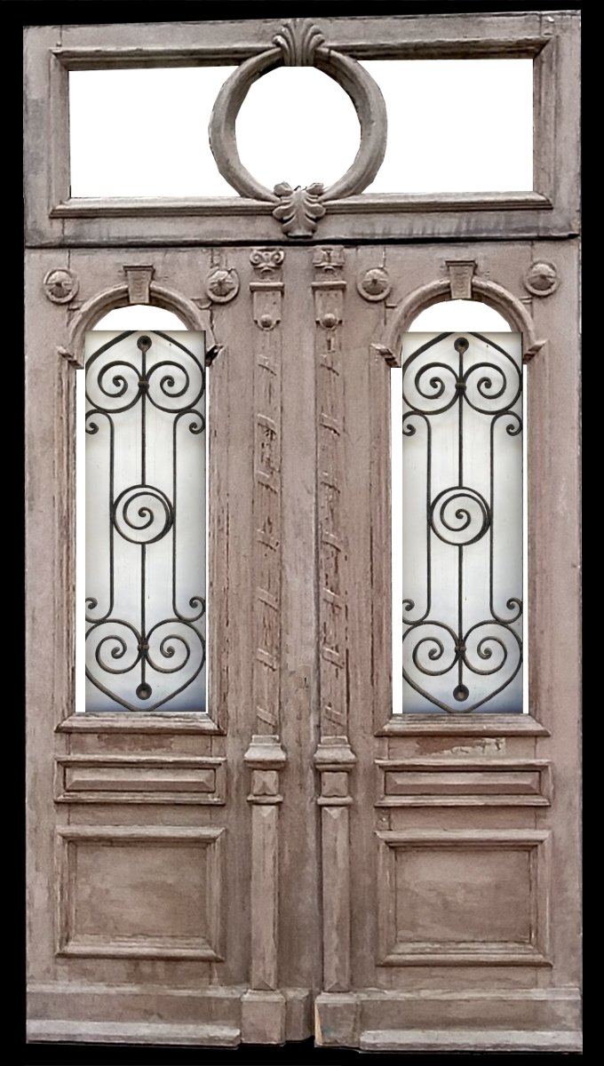 Large, Antique, Decorative Double Entry Door From The 19th Century, Carriage House Style, Wood Paneling-photo-2