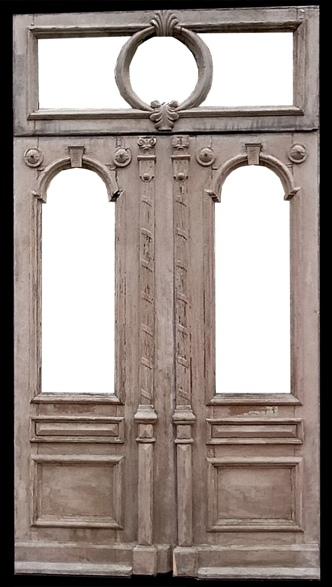 Large, Antique, Decorative Double Entry Door From The 19th Century, Carriage House Style, Wood Paneling