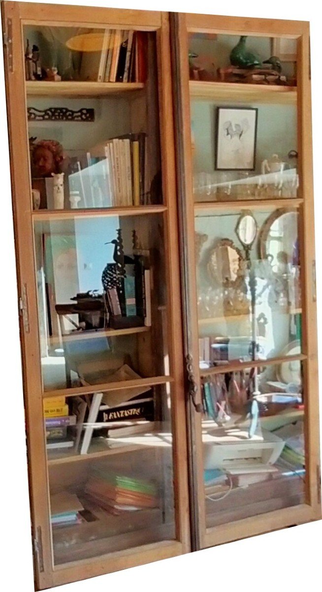 Large Old 19th Century Castle Window And Its Handle For Showcase Library Door Furniture-photo-3