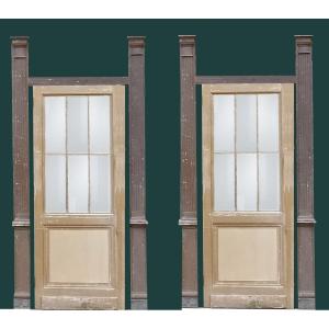 A Pair Of Old Glass Doors Forming Alcove And Their Four Pilasters Woodwork