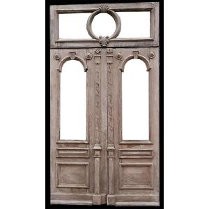 Large Old Decorative Double Door From The 19th Century Prestigious Woodwork