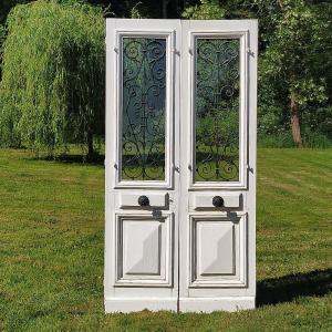 Antique Double Glass Entrance Door With Wrought Iron Grilles