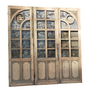 Triptyque de portes vitrées anciennes d'époque Art Déco et 200 autres éléments vitrés décoratif