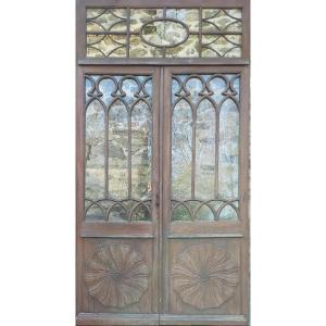 Oak Double Doors And Glazed Transom Antique Gothic Doors