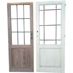 Two Glass Doors Pitchpin XIXth Metal Bars Old Door