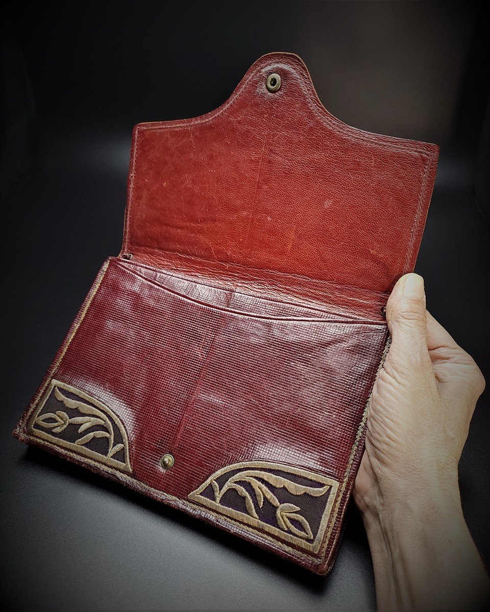 Judaïsme Marocain : Portefeuille En Cuir Brodé De Fils d'Argent 1910/1920-photo-4