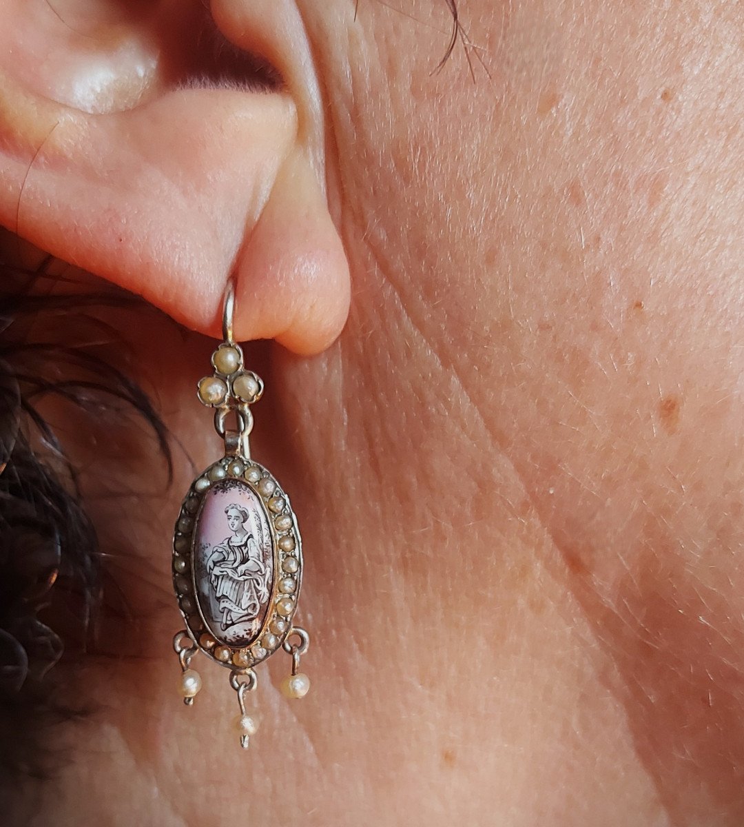 Boucles d'Oreilles & Broche en Grisaille Aux Scènes Pastorales Début 19e Siècle-photo-4