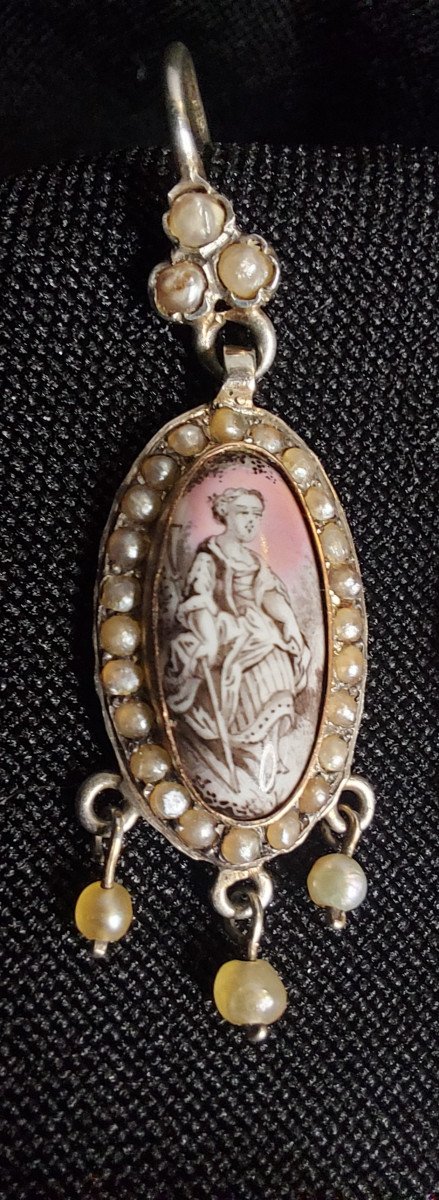 Boucles d'Oreilles & Broche en Grisaille Aux Scènes Pastorales Début 19e Siècle-photo-5