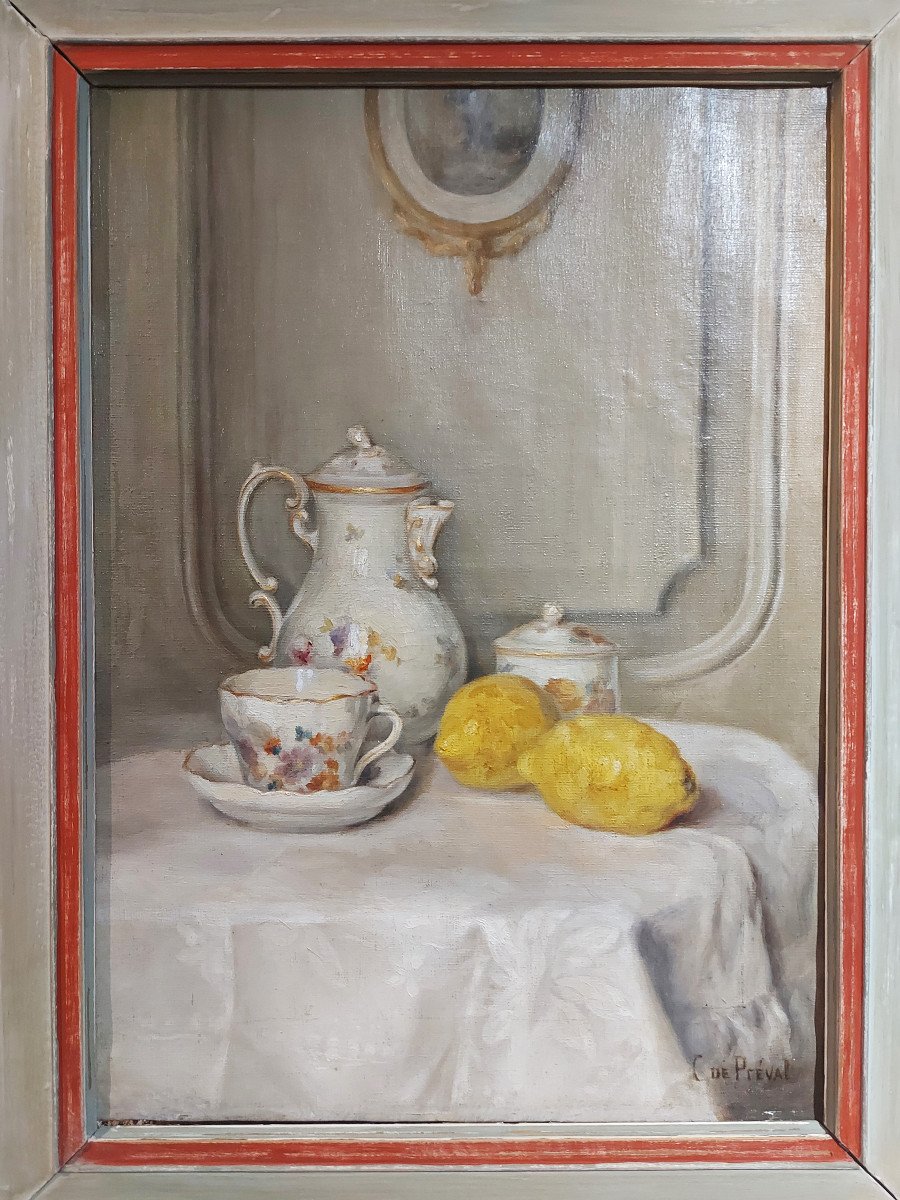Still Life: Coffee Pot With Lemons C. De Préval Circa 1900-photo-7