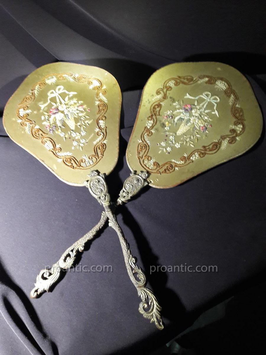 Fans - Hand Screens (pair Of) Silk Embroidered Epoque Late 19th S.