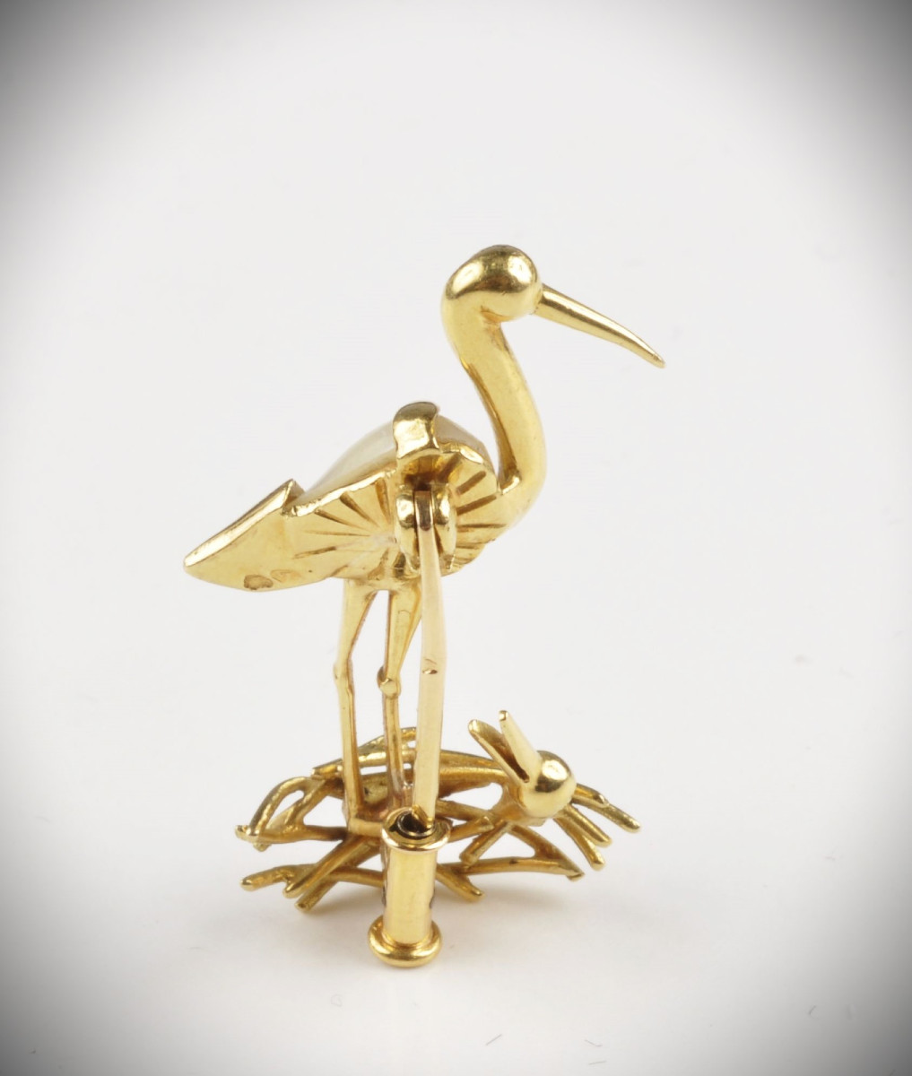 Gold And Mother-of-pearl Brooch The Stork And Her Chick-photo-2