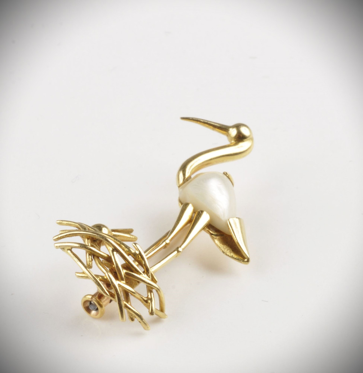 Gold And Mother-of-pearl Brooch The Stork And Her Chick-photo-4