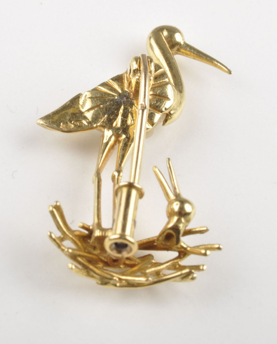 Gold And Mother-of-pearl Brooch The Stork And Her Chick-photo-1