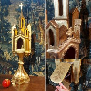 Monstrance Cathédrale, Porte-relique Bois Doré 19e Siècle