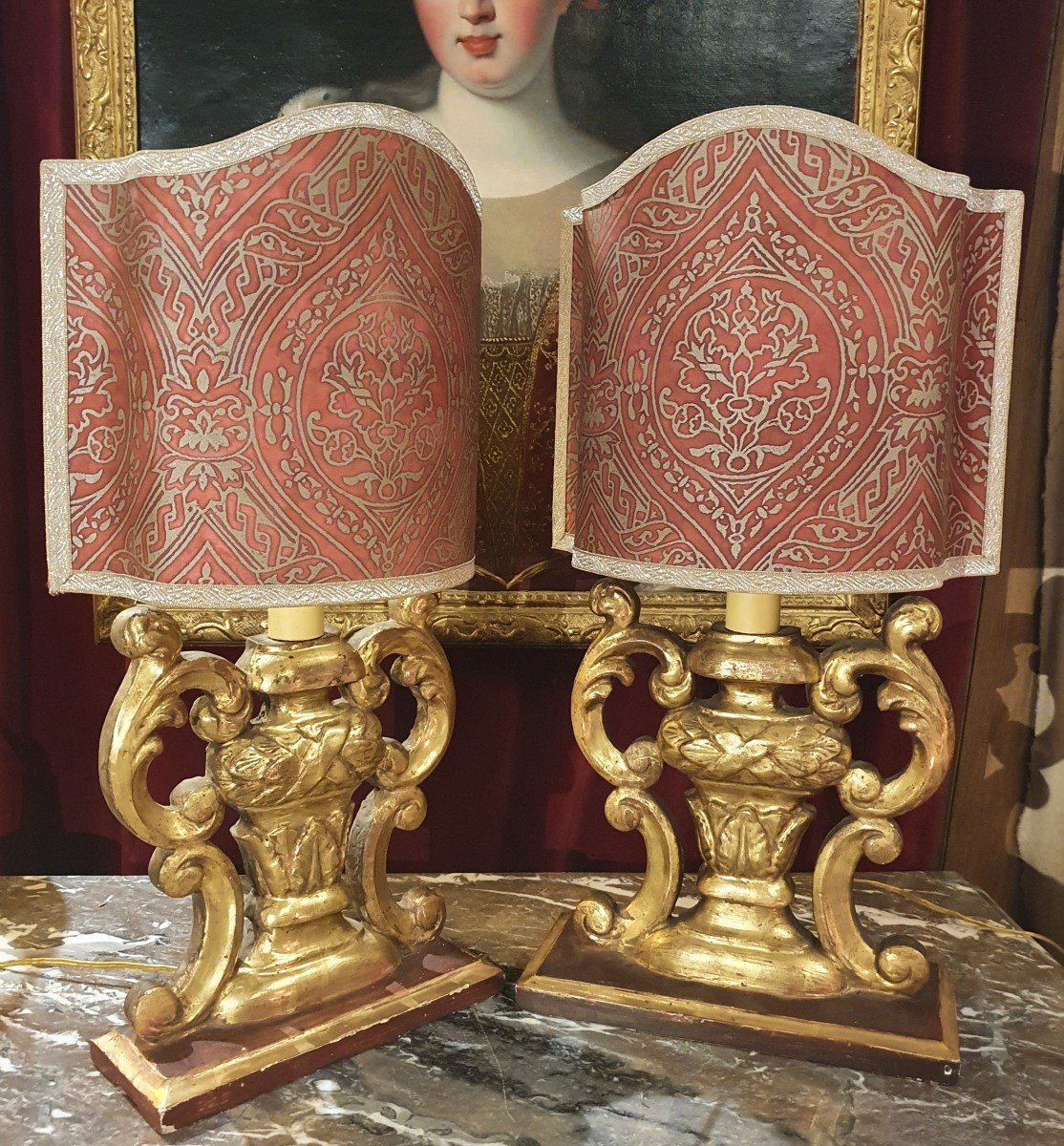Pair Of Lamps In Golden Wood From The Eighteenth Century-photo-1