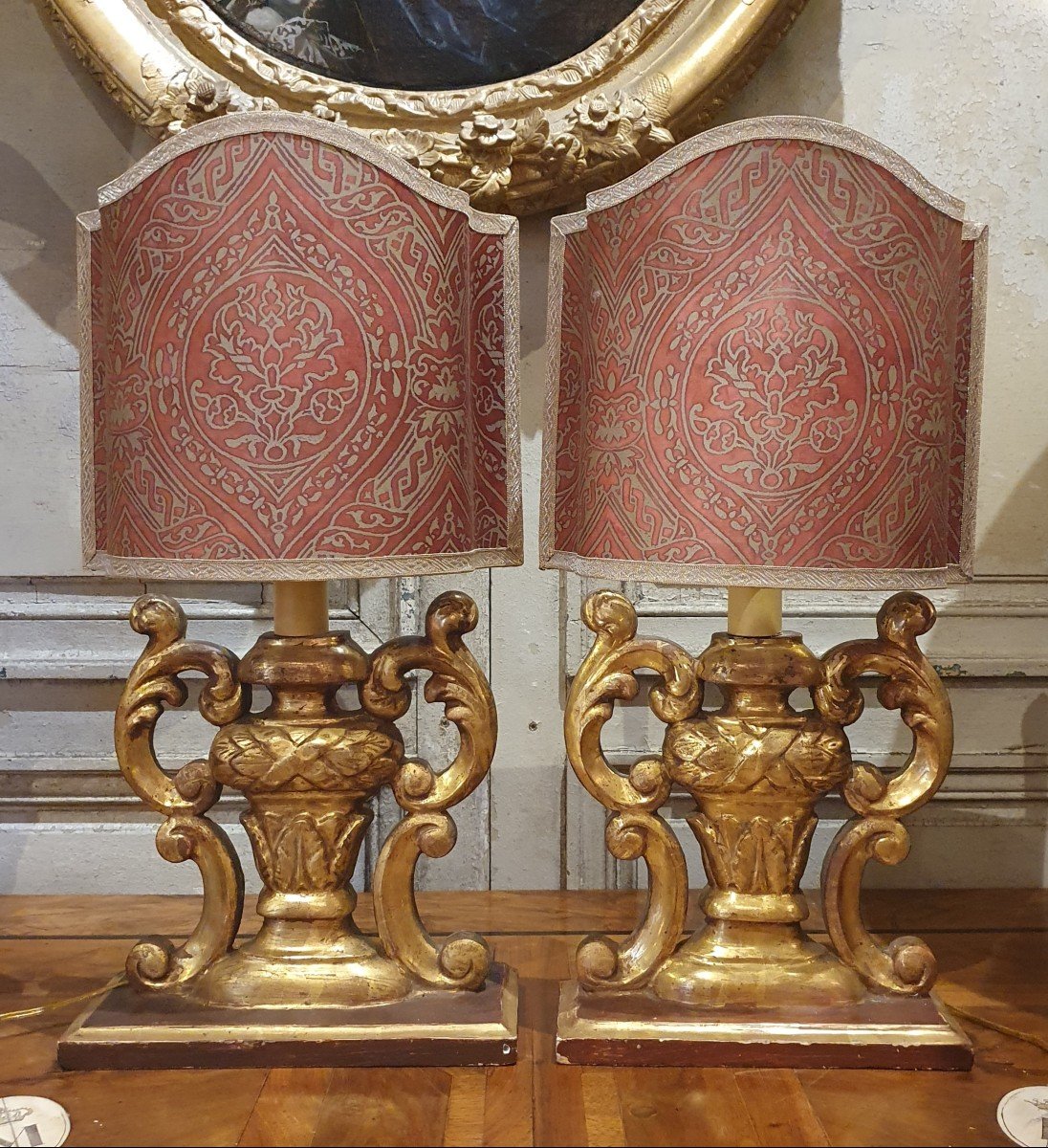 Pair Of Lamps In Golden Wood From The Eighteenth Century-photo-2