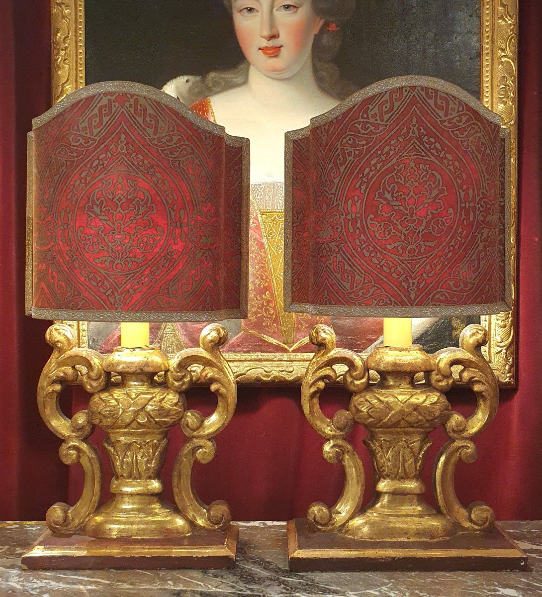 Pair Of Lamps In Golden Wood From The Eighteenth Century