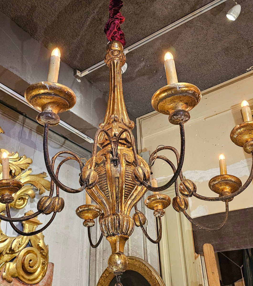 Lustre En Bois Doré Du XVIIIème Siècle-photo-4