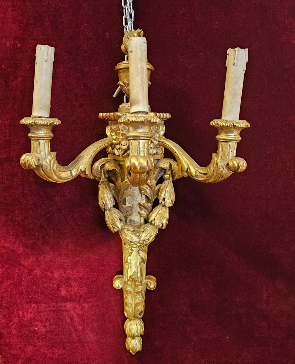 Pair Of Large Gilded Wooden Wall Sconces No. 1 -photo-2