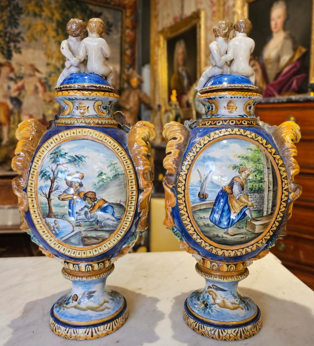 Pair Of Covered Pedestal Vases About 1850