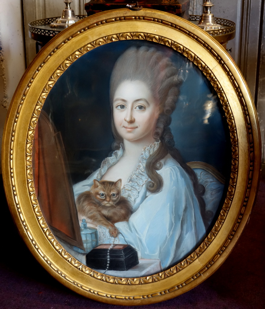 Pastel d'Une Jeune Femme Et Son Chat Epoque Louis XVI