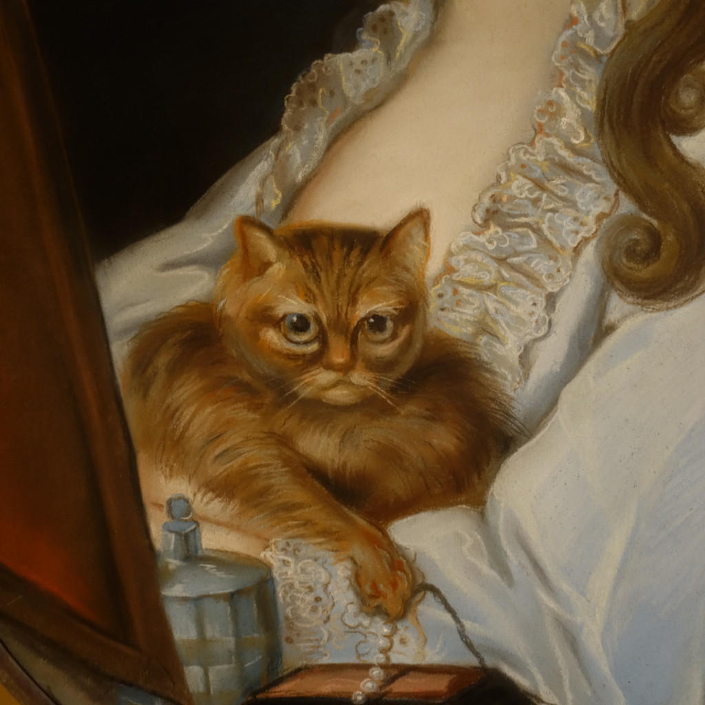 Pastel d'Une Jeune Femme Et Son Chat Epoque Louis XVI-photo-3