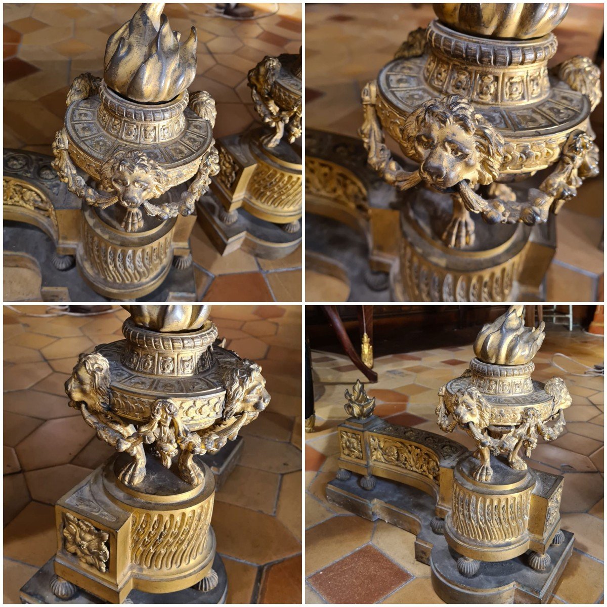 Paire De Chenets  En Bronze Doré Epoque Louis XVI