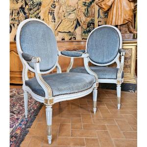 Pair Of Large Armchairs With Flat Backs, Louis XVI Period