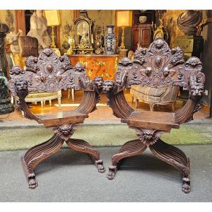 Paire de Larges Fauteuils Curule XIXème Siècle