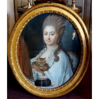 Pastel d'Une Jeune Femme Et Son Chat Epoque Louis XVI