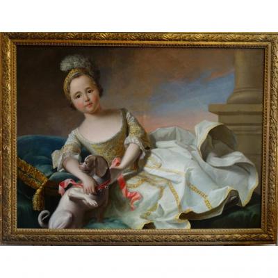 Portrait d'Une Enfant Avec Son Chien Epoque Louis XV