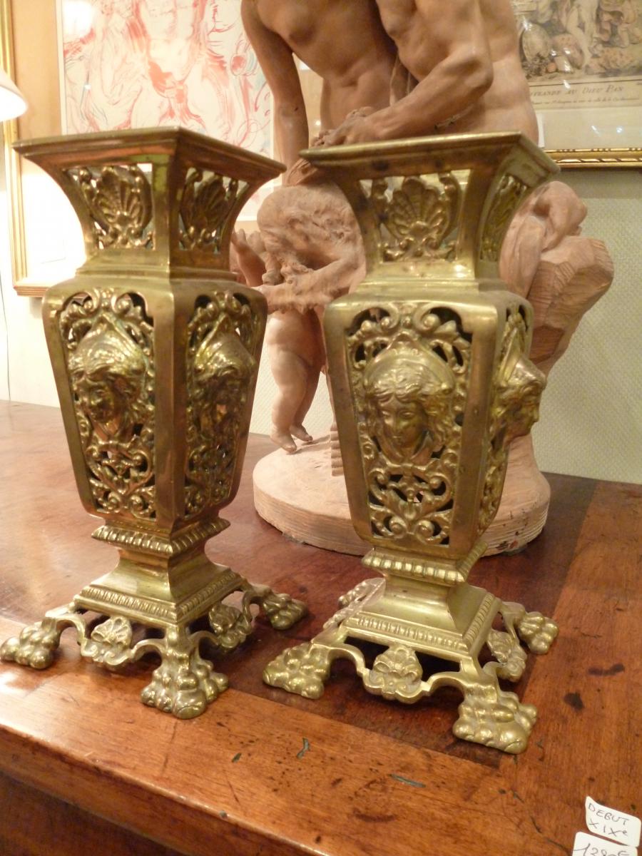 Paire De Vases   Déco Bronze Doré 